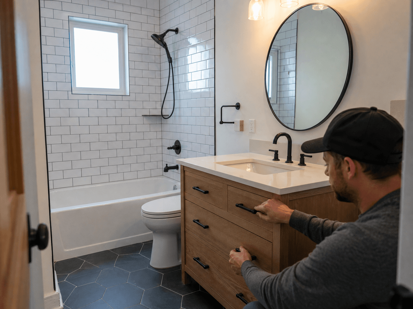 Finished compact bathroom with oak vanity and subway tile