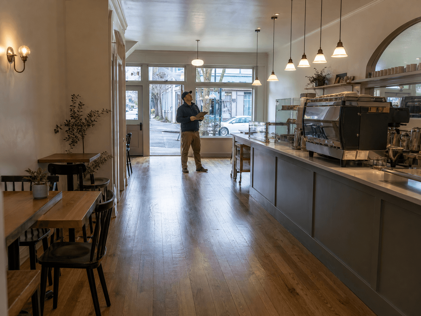 Refreshed Seattle cafe interior during final contractor walkthrough