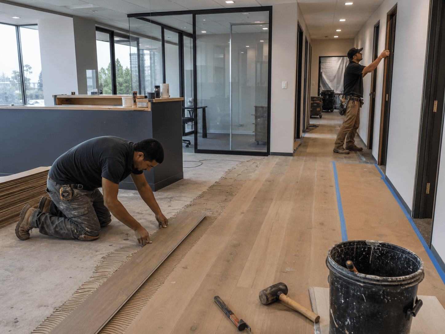 Newly installed flooring in a commercial office space