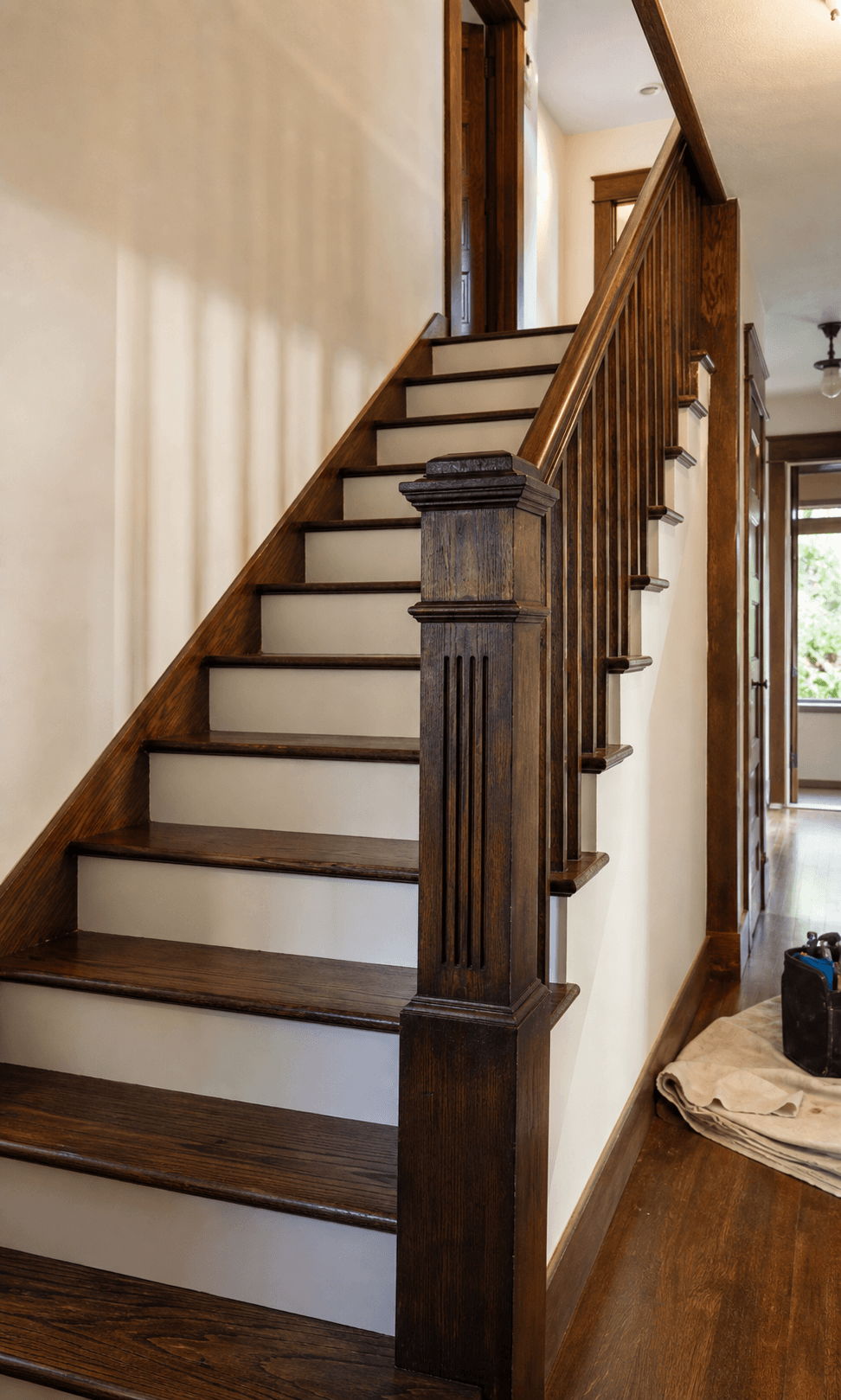Restored Craftsman staircase with dark wood treads and white risers