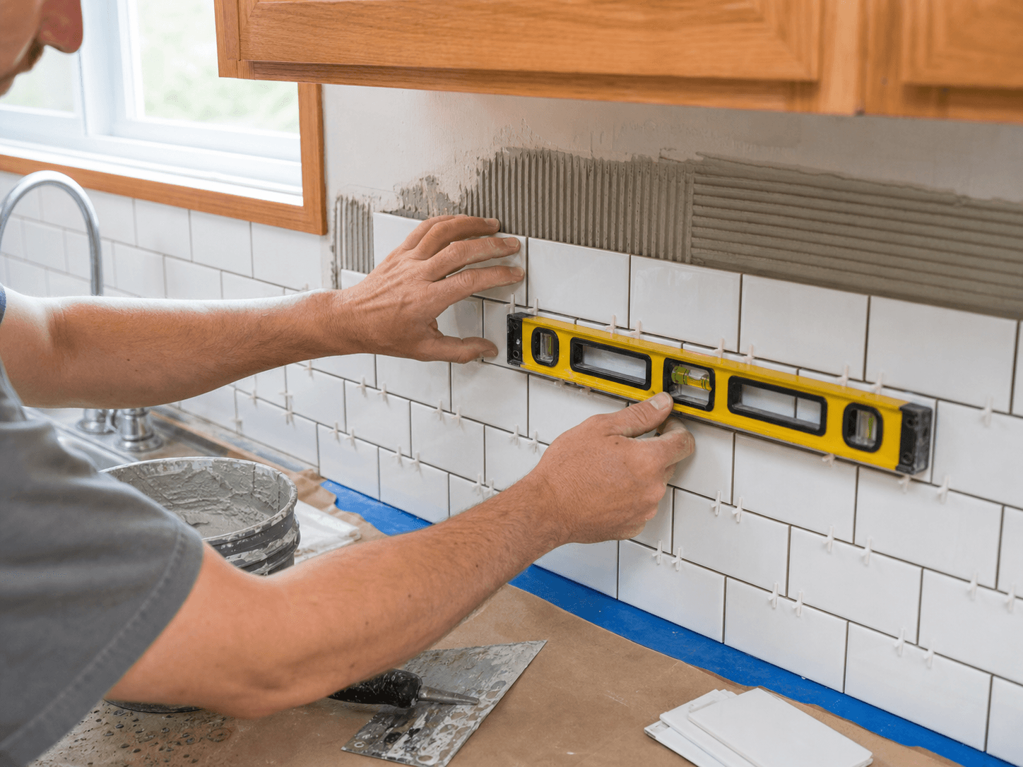 Contractor checking level during subway tile installation